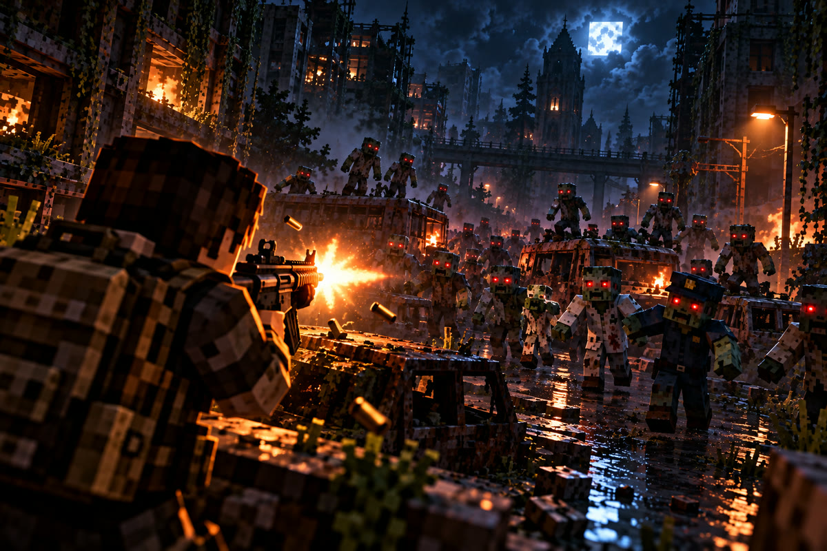 Un survivant tire dans une rue en ruines, une horde de zombies accourt vers le bruit