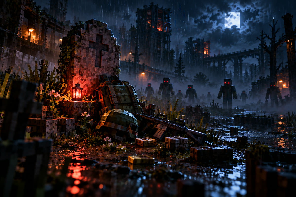 La tombe d'un survivant sous la pluie, son sac et son fusil abandonnés, des zombies dans le brouillard